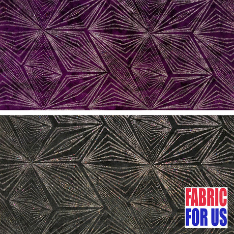 Diagonal Pattern Glitter Design Stretch On Burnout Velvet Fabric - Black, Plum, Diagonal Linear Pattern, 58/60" Wide