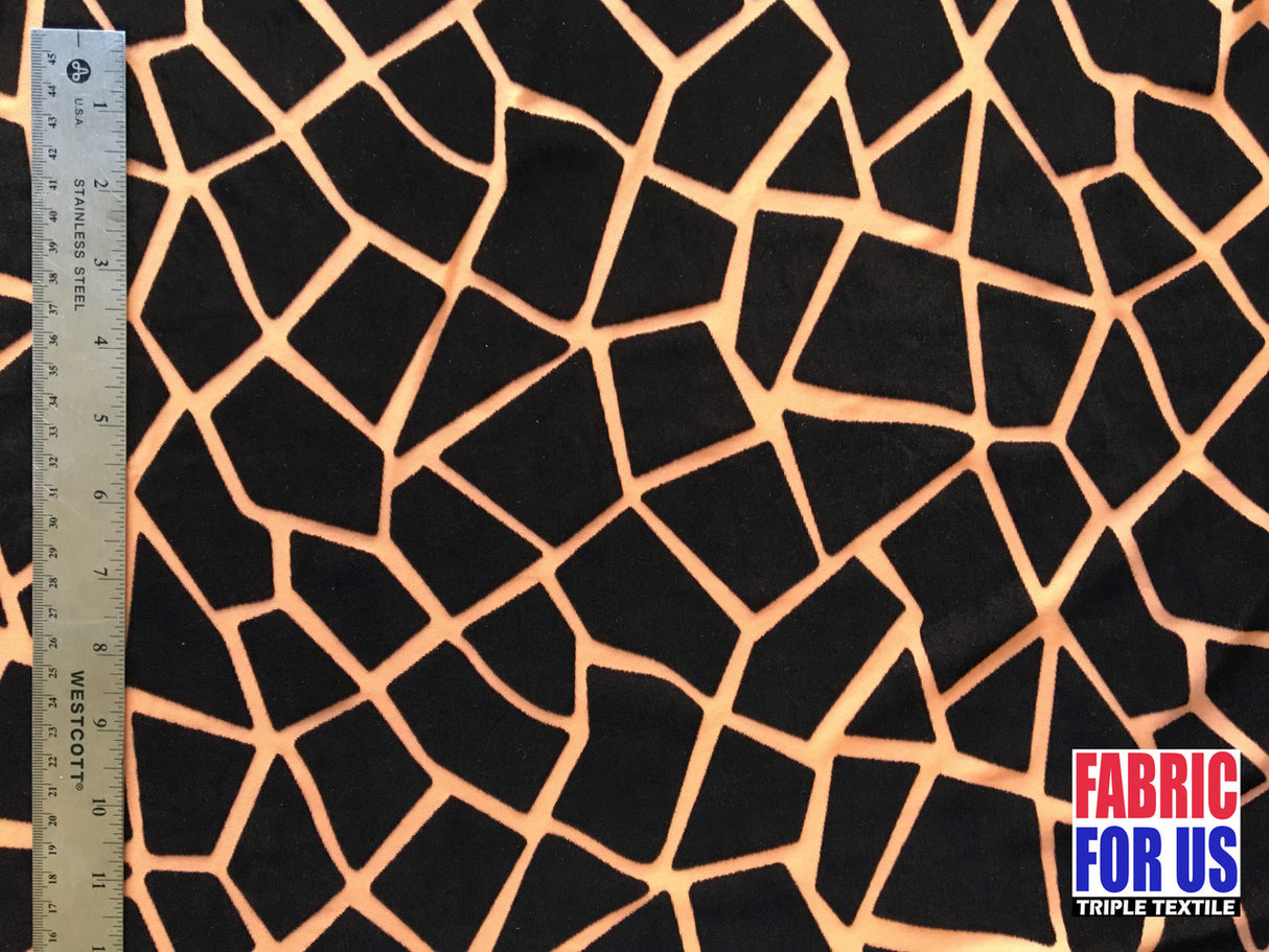 Giraffe Patch Stretch Design Burnout Velvet Poly-Spandex Fabric - Giraffe Patch, Black, Brown (Nude), 58" Width