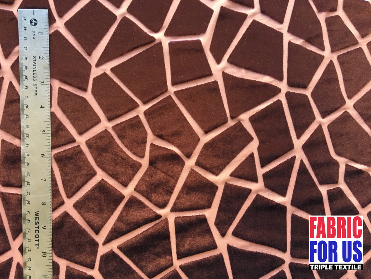 Giraffe Patch Stretch Design Burnout Velvet Poly-Spandex Fabric - Giraffe Patch, Black, Brown (Nude), 58" Width
