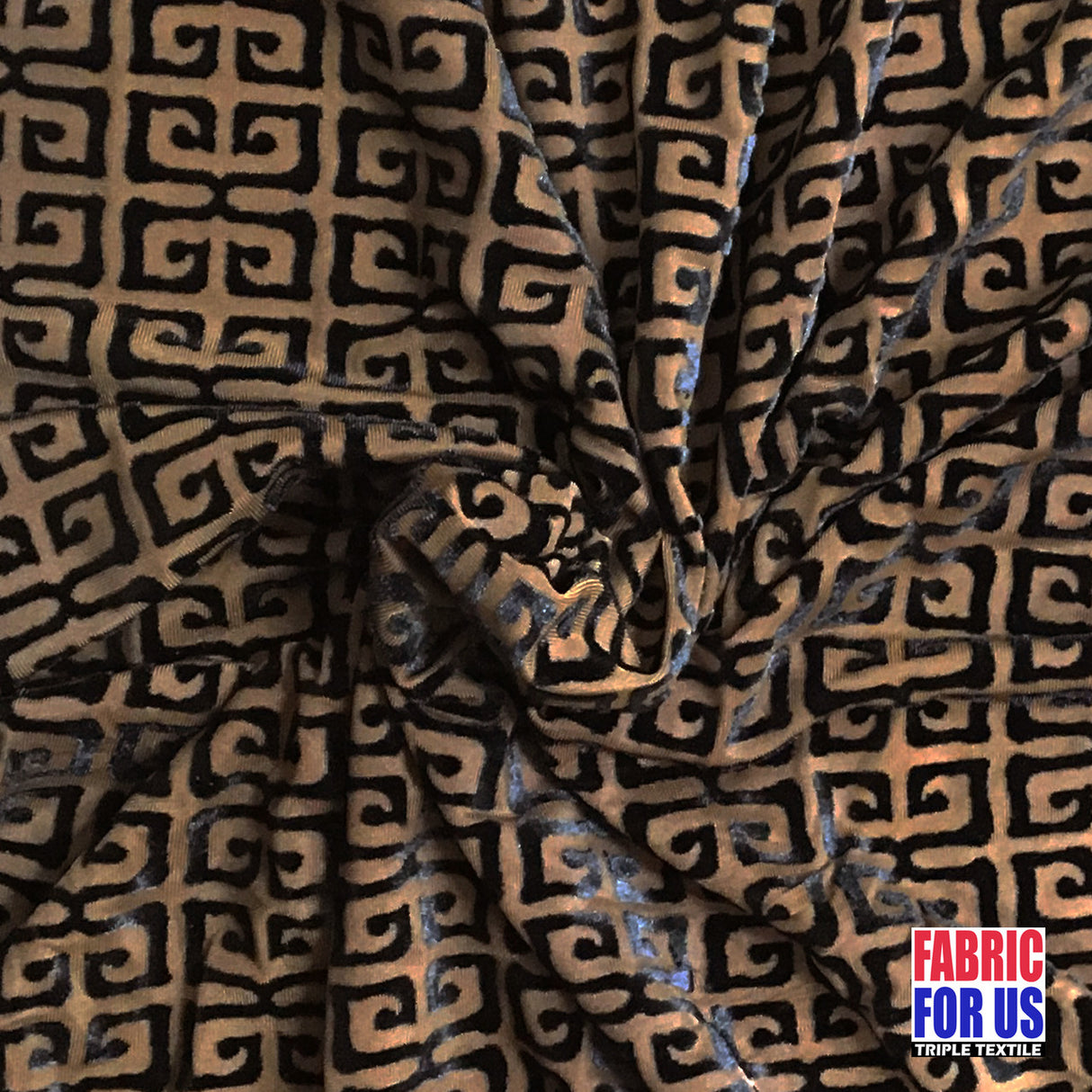Greek Key Burnout Velvet Stretch Fabric - Tan And Brown Greek Key Pattern, 58" Width