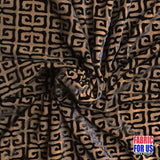 Greek Key Burnout Velvet Stretch Fabric - Tan And Brown Greek Key Pattern, 58" Width