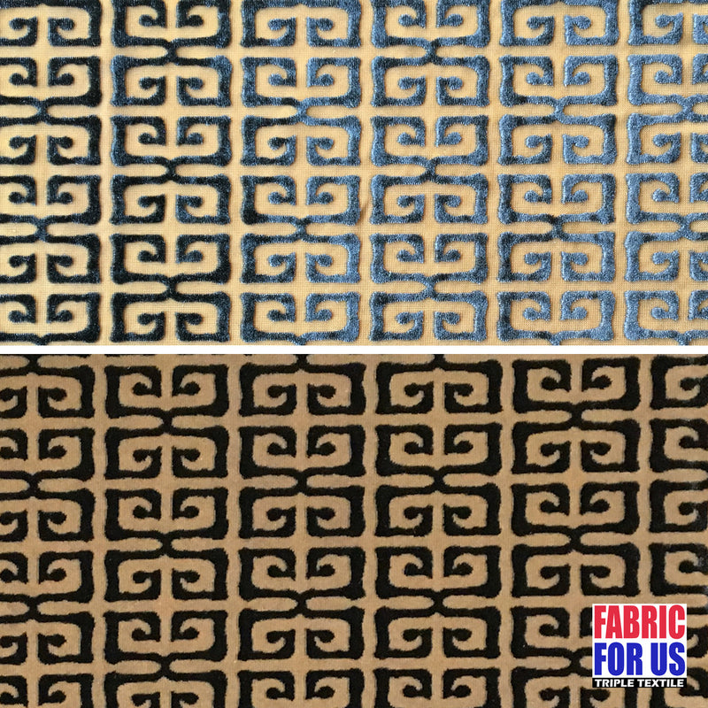 Greek Key Burnout Velvet Stretch Fabric - Tan And Brown Greek Key Pattern, 58" Width
