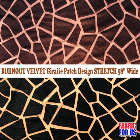 Giraffe Patch Stretch Design Burnout Velvet Poly-Spandex Fabric - Giraffe Patch, Black, Brown (Nude), 58" Width