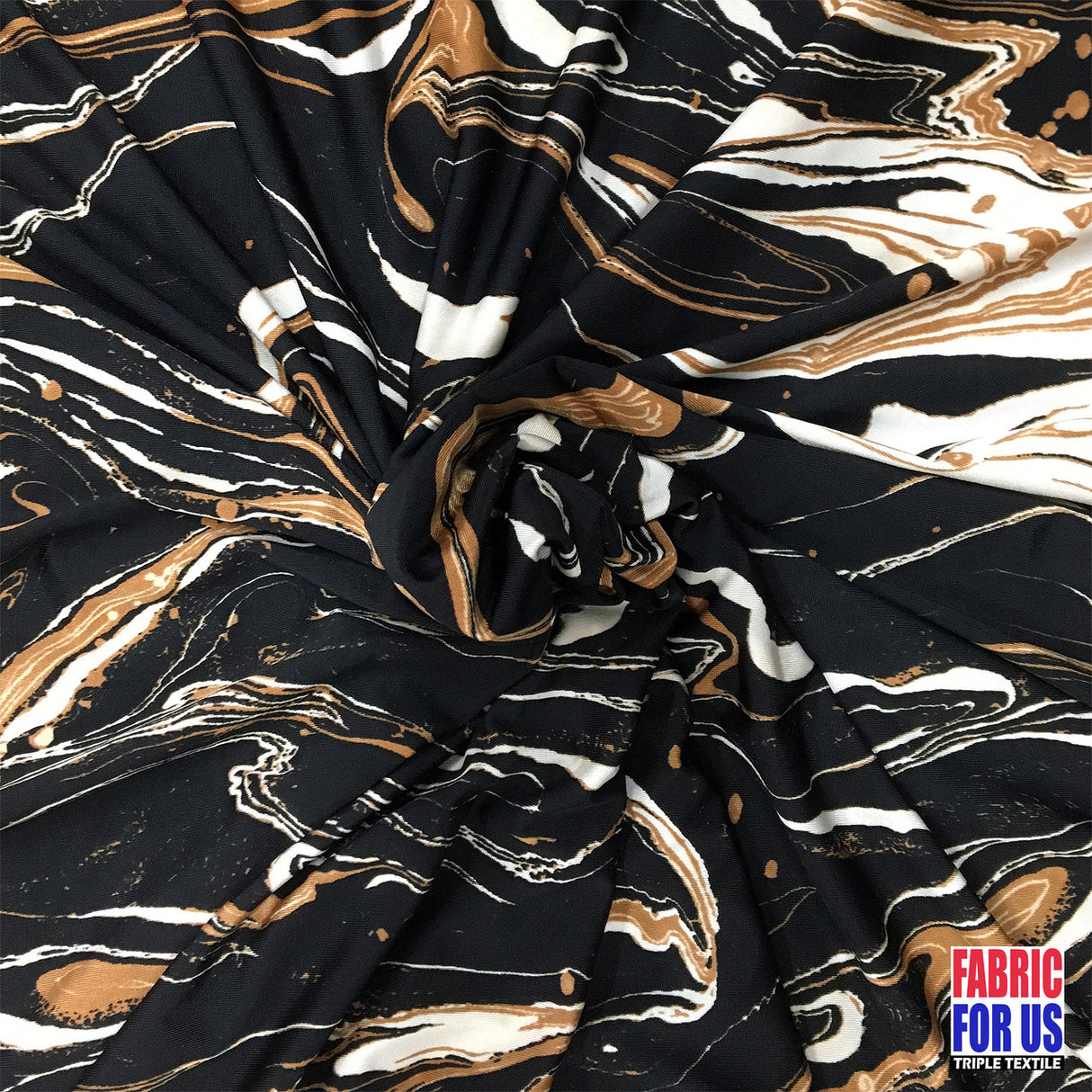 SWIRL Design Poly-Spandex Stretch Fabric - Black, Brown Swirl Design, 58/60" Wide