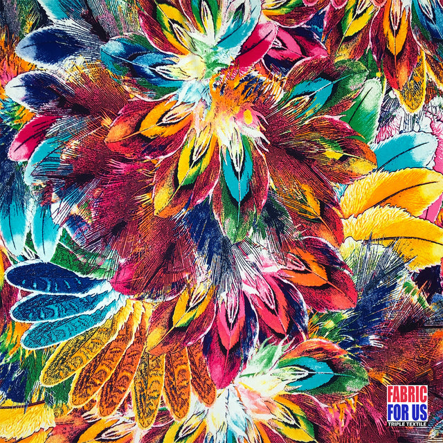 Peacock Feather Scarlet / Multi-Color Stretch Poly-Spandex Print Poly-Spandex Fabric - Peacock Feather Print, Scarlet Multi-Color, 58" Width