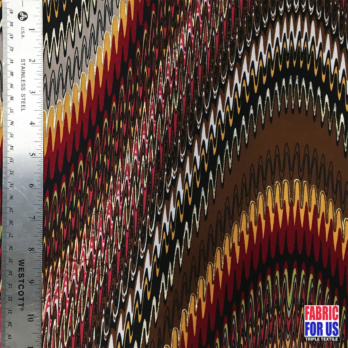 Waves Tidal Stretch Fabric - Aqua, Brown, Gold Lining, Multi-Color Wave Design, 58" Width