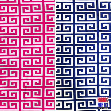 Greek Key Print Design Poly-Spandex Fabric - Navy/Pink Greek Key, 58" Width