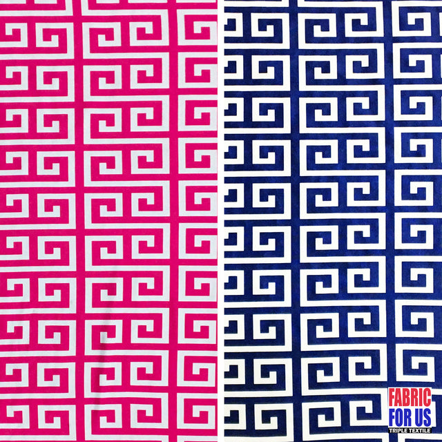 Greek Key Print Design Poly-Spandex Fabric - Navy/Pink Greek Key, 58" Width