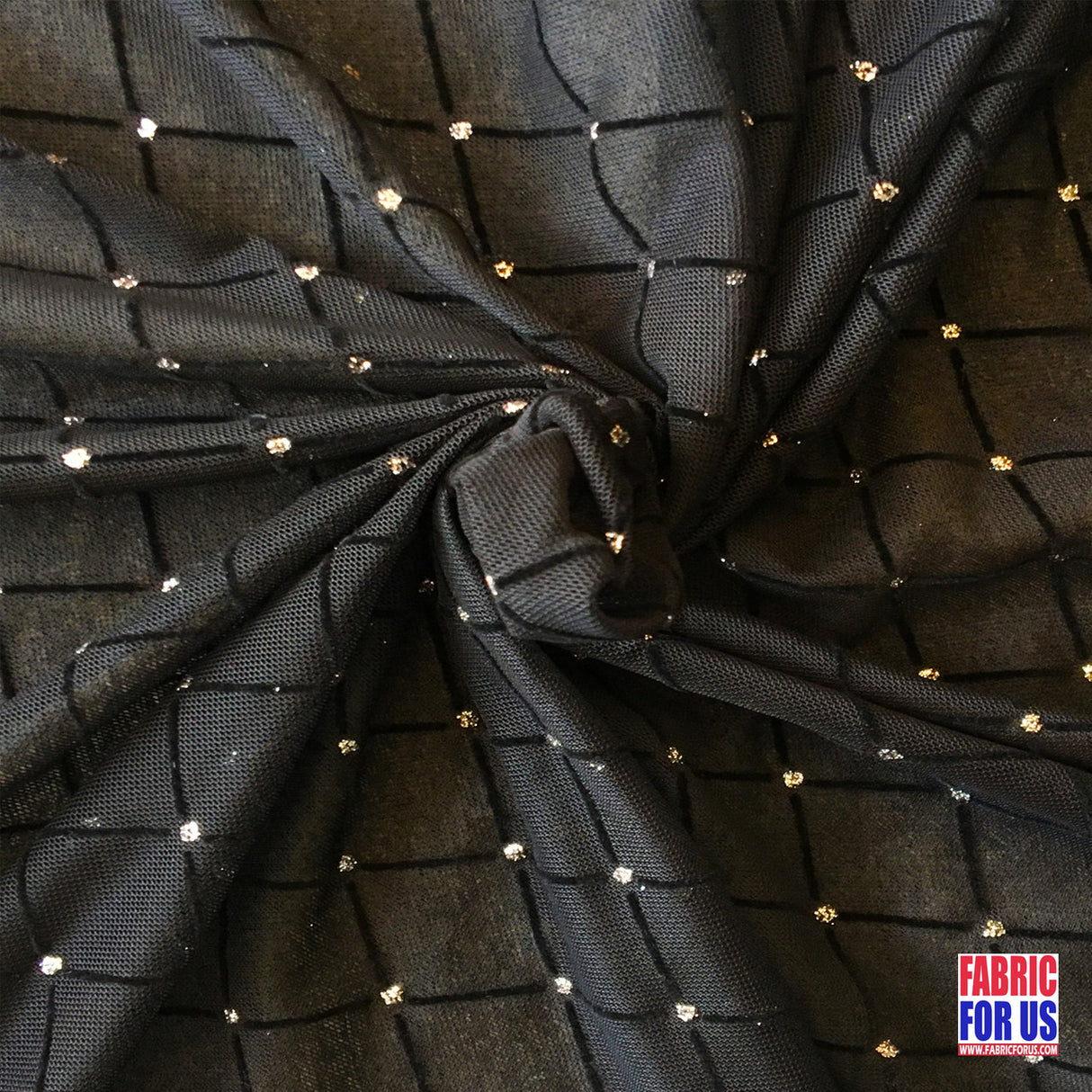 Flocking Mesh Stretch Glitter Fabric - Black Diamonds, 64" Wide
