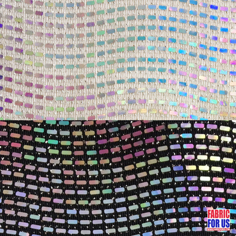 Reflective Holographic Rectangular Trans On Lurex Stretch Fabric - White/Black, 54" Width