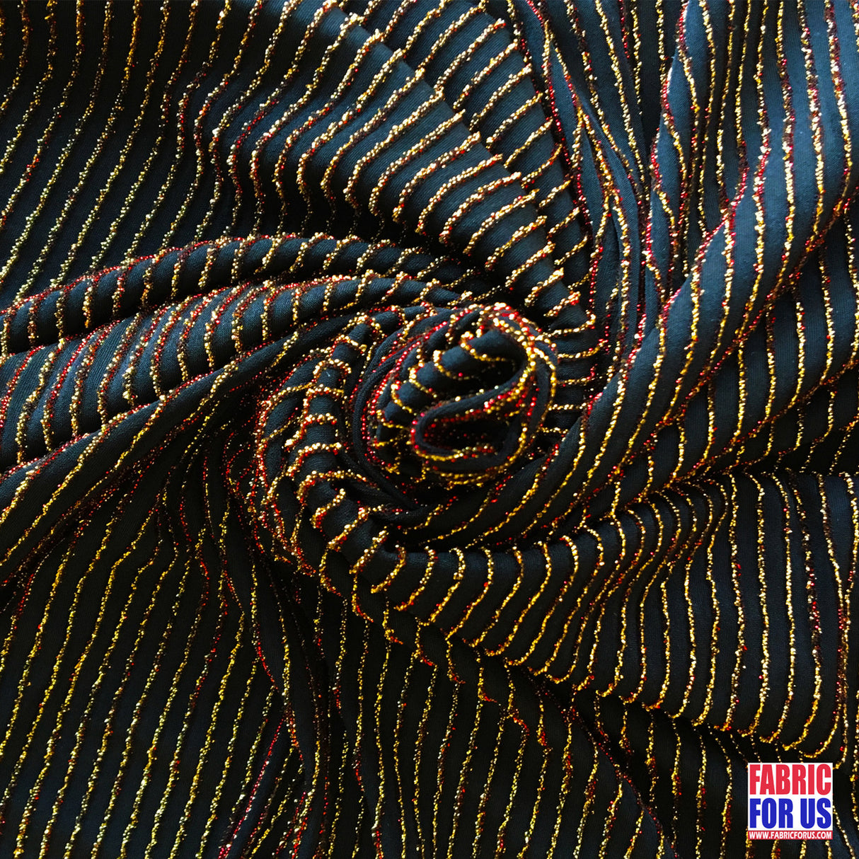 Lurex Red And Gold Thin Stripped Design Stretch Fabric - Black, Red And Gold Striped, 60" Width (1 Yard)