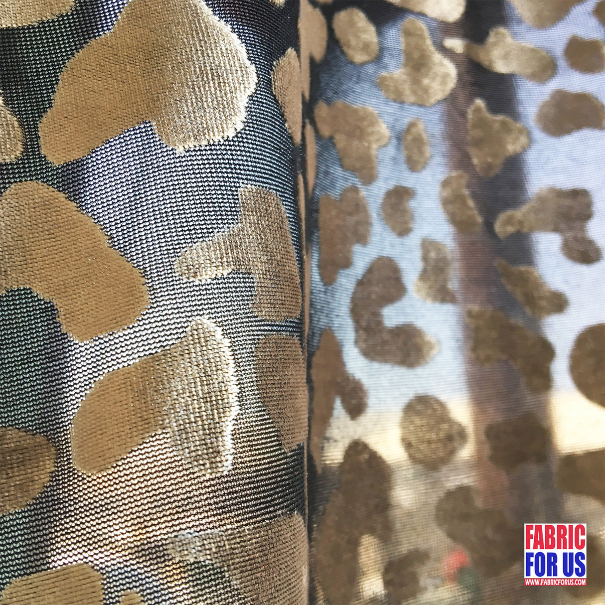 Desert Beige/Black Burnout Velvet Stretch Poly-Spandex Mesh Fabric - Flecktarn Shaped Tan/Beige Design, Black Background, 58"/60" Wide