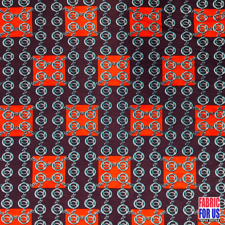 Squares & Links Poly Spandex Fabric - Brown/Rust Squares & Links Print, 58/60" Width