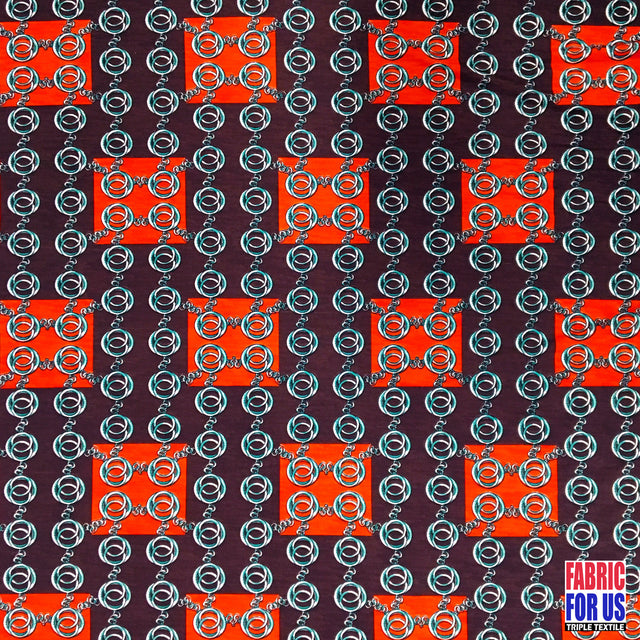 Squares & Links Poly Spandex Fabric - Brown/Rust Squares & Links Print, 58/60" Width
