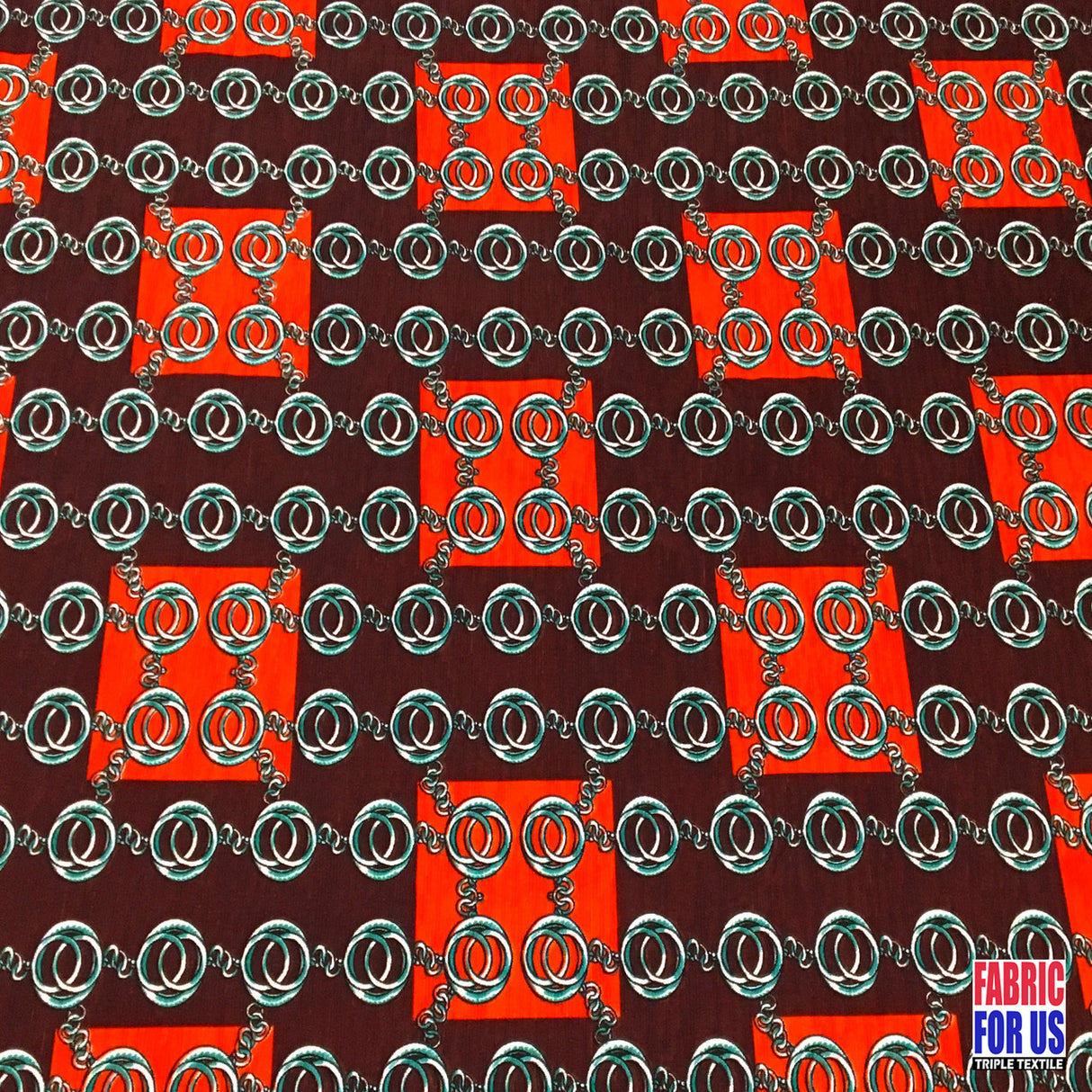 Squares & Links Poly Spandex Fabric - Brown/Rust Squares & Links Print, 58/60" Width