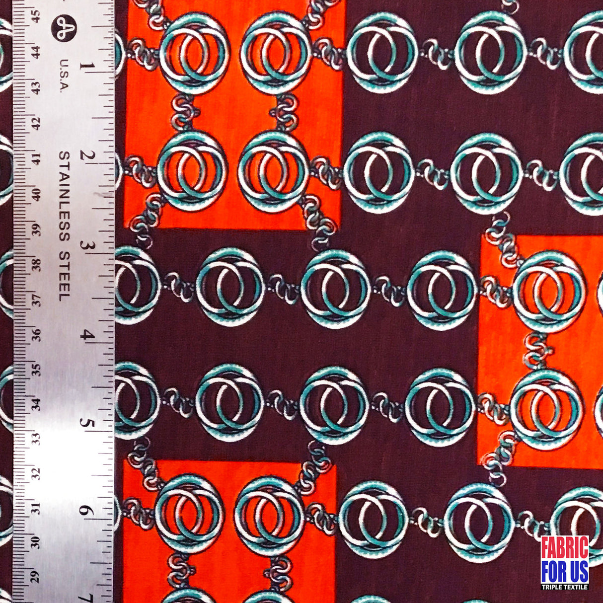 Squares & Links Poly Spandex Fabric - Brown/Rust Squares & Links Print, 58/60" Width