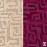 Greek Key Burnout Velvet Pre-Classic Polyester Spandex Fabric - Burgundy/Beige Greek Key Pattern, 58"/60" Width