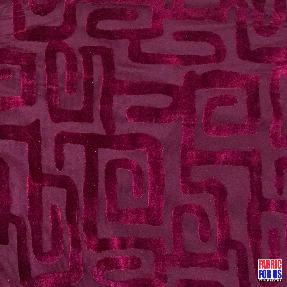 Greek Key Burnout Velvet Pre-Classic Polyester Spandex Fabric - Burgundy/Beige Greek Key Pattern, 58"/60" Width