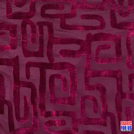 Greek Key Burnout Velvet Pre-Classic Polyester Spandex Fabric - Burgundy/Beige Greek Key Pattern, 58"/60" Width