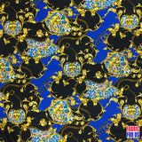 Paisley Floral Renaissance Stretch Poly-Spandex Fabric - Paisley Floral Renaissance Print, Royal Blue/Black, Red/Black, 58"/60" Width