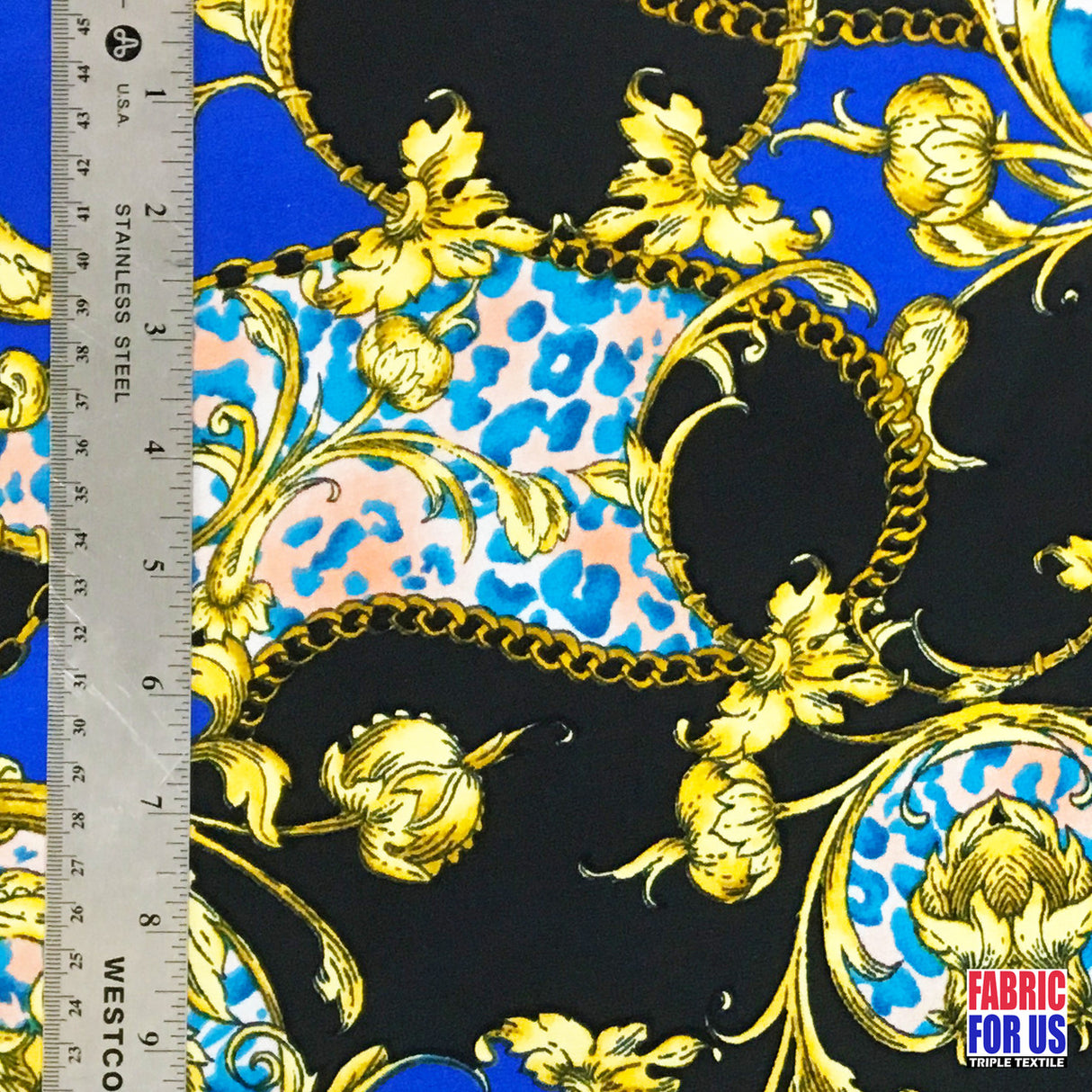 Paisley Floral Renaissance Stretch Poly-Spandex Fabric - Paisley Floral Renaissance Print, Royal Blue/Black, Red/Black, 58"/60" Width