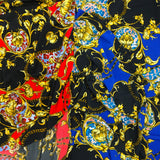Paisley Floral Renaissance Stretch Poly-Spandex Fabric - Paisley Floral Renaissance Print, Royal Blue/Black, Red/Black, 58"/60" Width