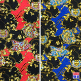 Paisley Floral Renaissance Stretch Poly-Spandex Fabric - Paisley Floral Renaissance Print, Royal Blue/Black, Red/Black, 58"/60" Width
