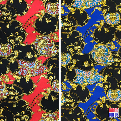 Paisley Floral Renaissance Stretch Poly-Spandex Fabric - Paisley Floral Renaissance Print, Royal Blue/Black, Red/Black, 58"/60" Width