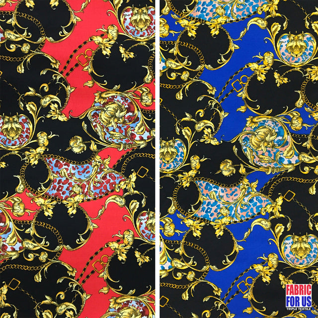 Paisley Floral Renaissance Stretch Poly-Spandex Fabric - Paisley Floral Renaissance Print, Royal Blue/Black, Red/Black, 58"/60" Width
