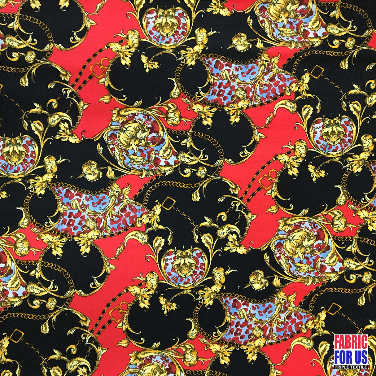 Paisley Floral Renaissance Stretch Poly-Spandex Fabric - Paisley Floral Renaissance Print, Royal Blue/Black, Red/Black, 58"/60" Width