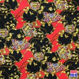 Paisley Floral Renaissance Stretch Poly-Spandex Fabric - Paisley Floral Renaissance Print, Royal Blue/Black, Red/Black, 58"/60" Width