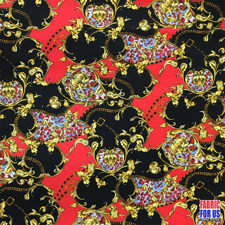 Paisley Floral Renaissance Stretch Poly-Spandex Fabric - Paisley Floral Renaissance Print, Royal Blue/Black, Red/Black, 58"/60" Width
