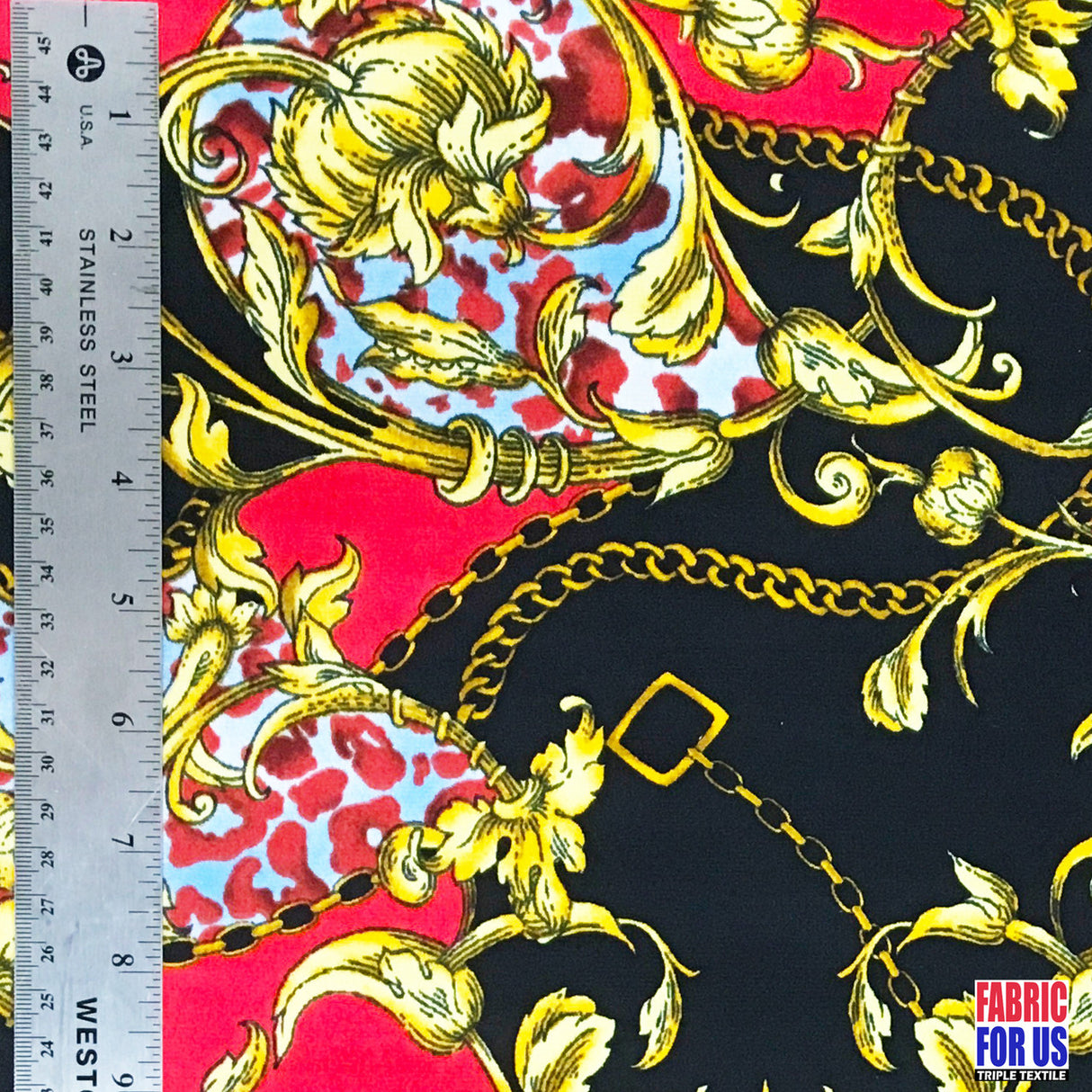 Paisley Floral Renaissance Stretch Poly-Spandex Fabric - Paisley Floral Renaissance Print, Royal Blue/Black, Red/Black, 58"/60" Width