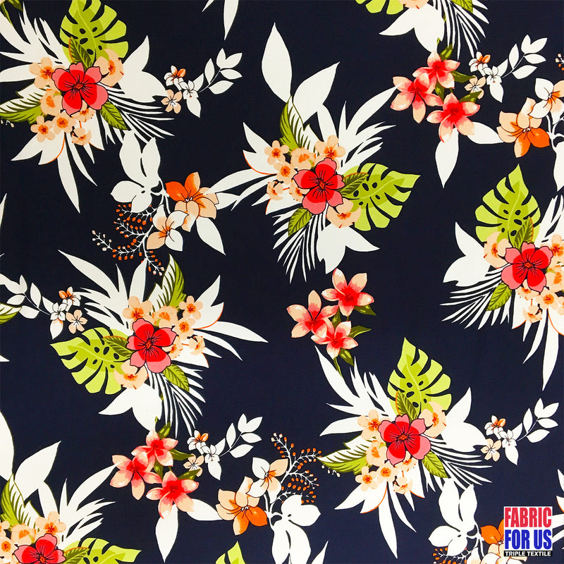Plumeria Flowers ITY Poly-Spandex Stretch Fabric - Hawaiian Allover Floral Print, 58"/60" Width