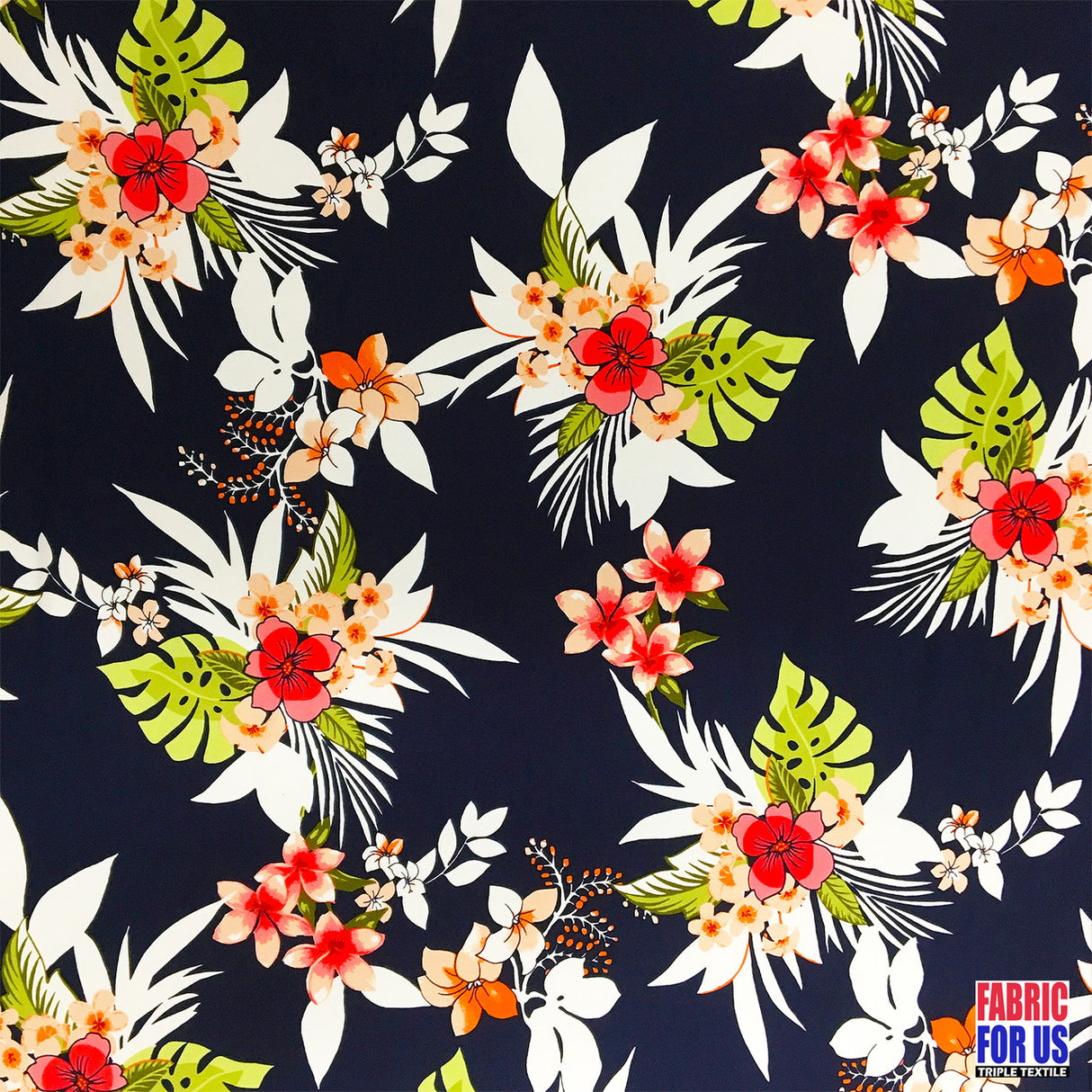 Plumeria Flowers ITY Poly-Spandex Stretch Fabric - Hawaiian Allover Floral Print, 58"/60" Width