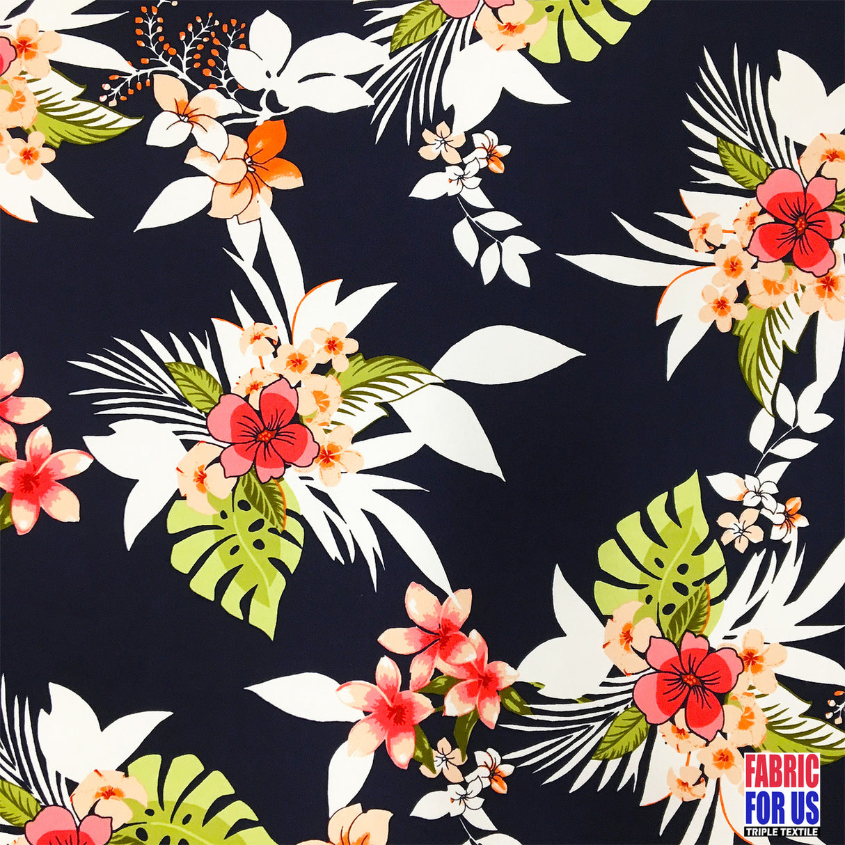 Plumeria Flowers ITY Poly-Spandex Stretch Fabric - Hawaiian Allover Floral Print, 58"/60" Width