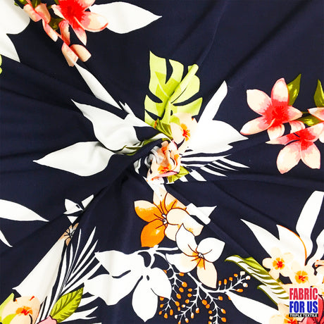 Plumeria Flowers ITY Poly-Spandex Stretch Fabric - Hawaiian Allover Floral Print, 58"/60" Width