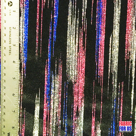 Stripe Multi-Glitter Poly-Spandex Stretch Fabric - Red, Blue, White Glitter Dots, 58" Width