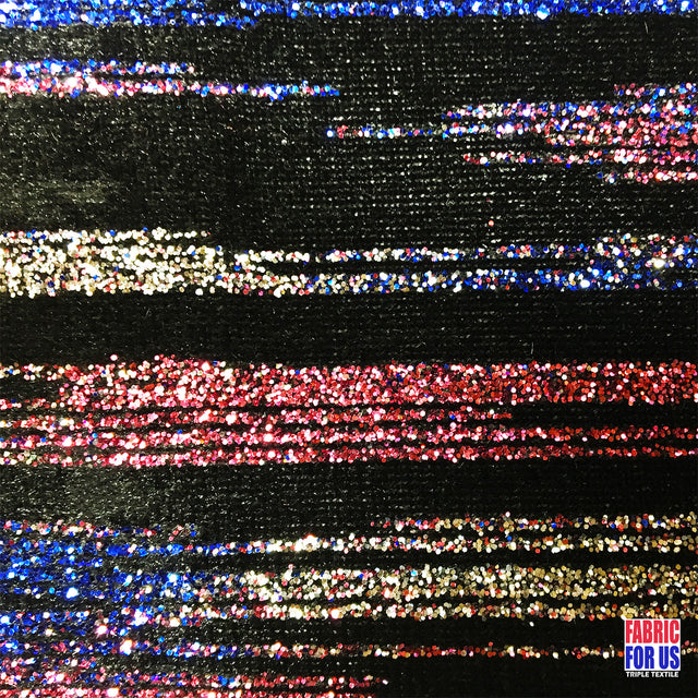 Stripe Multi-Glitter Poly-Spandex Stretch Fabric - Red, Blue, White Glitter Dots, 58" Width