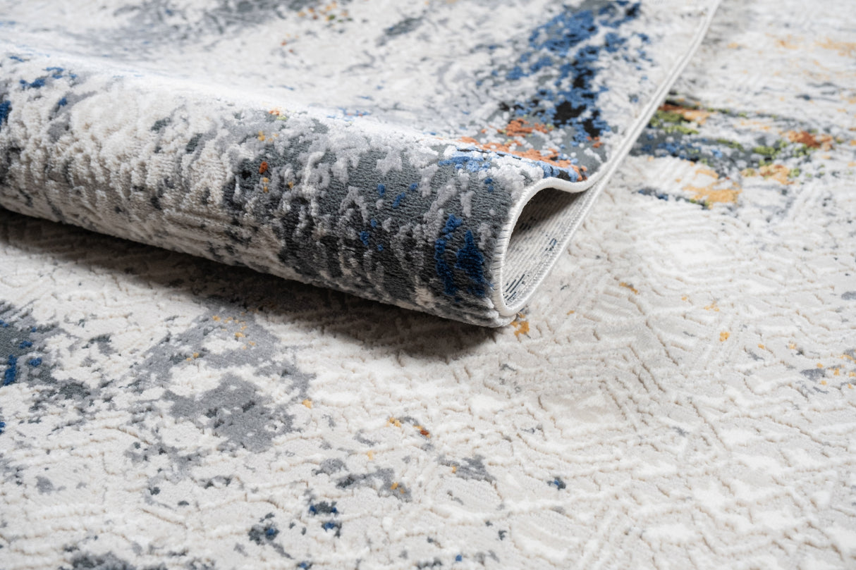 LALA 138 Polyester Viscose Area Rug - Cream Abstract Pattern, Silver, Charcoal, Black, Red-Brown, Mustard, Ocean Blue, Green Accents, 9' 8" X 13' (1 Rug)