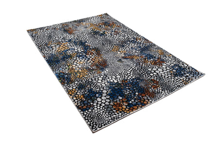 LALA-140 Polyester Shiny Viscose Area Rug Fabric - Abstract Spotted, Black With Silver, Charcoal, Red-Brown, Mustard, Green, And Deep Blue Highlights, 7' 8" X 10' 5" (1 Piece)