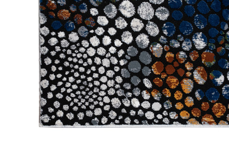 LALA-140 Polyester Shiny Viscose Area Rug Fabric - Abstract Spotted, Black With Silver, Charcoal, Red-Brown, Mustard, Green, And Deep Blue Highlights, 7' 8" X 10' 5" (1 Piece)