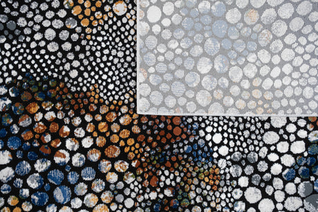 LALA-140 Polyester Shiny Viscose Area Rug Fabric - Abstract Spotted, Black With Silver, Charcoal, Red-Brown, Mustard, Green, And Deep Blue Highlights, 7' 8" X 10' 5" (1 Piece)