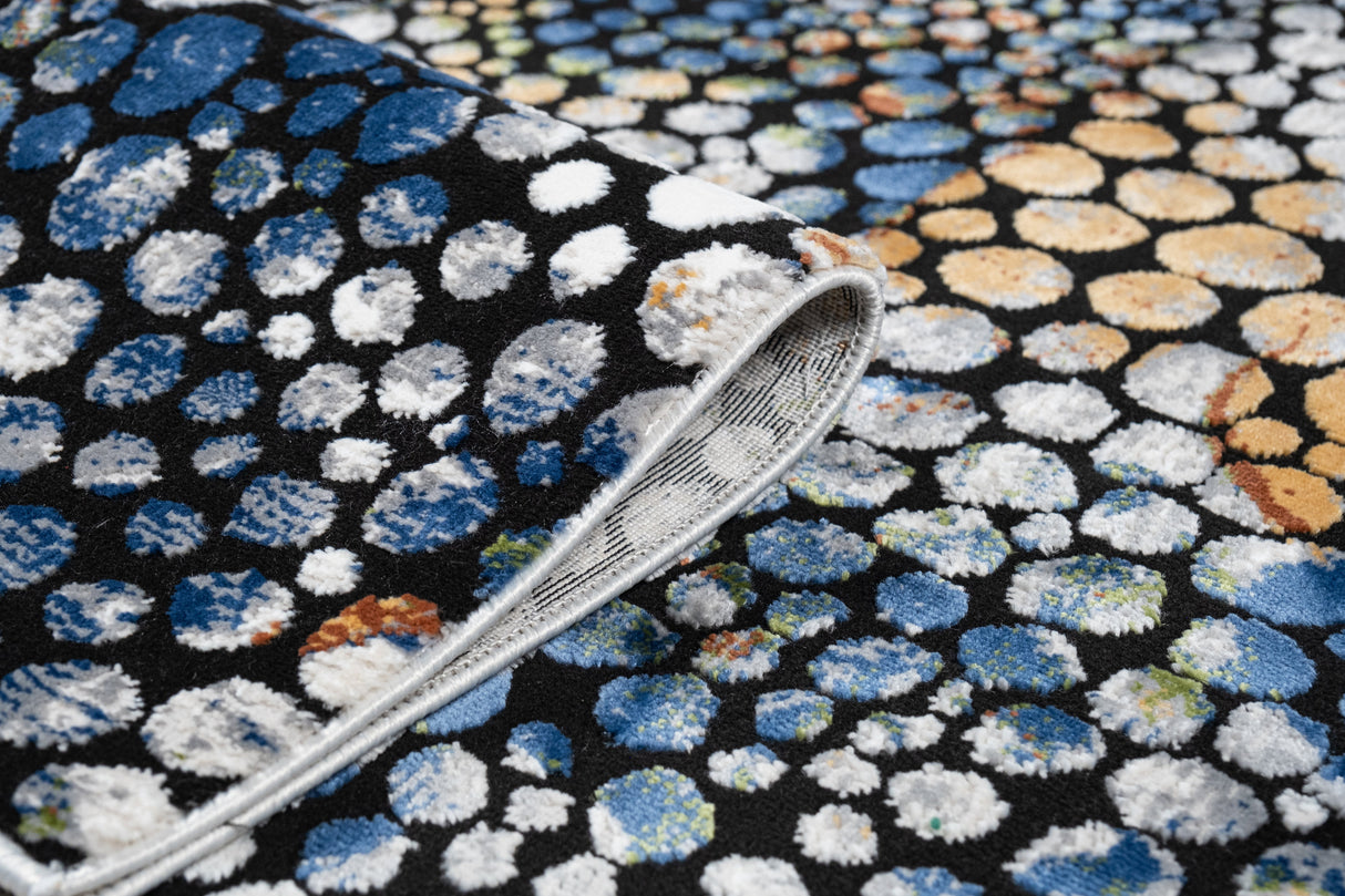 LALA-140 Polyester Shiny Viscose Area Rug Fabric - Abstract Spotted, Black With Silver, Charcoal, Red-Brown, Mustard, Green, And Deep Blue Highlights, 7' 8" X 10' 5" (1 Piece)