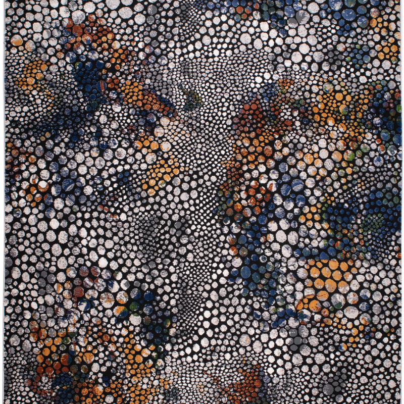 LALA-140 Polyester Shiny Viscose Area Rug Fabric - Abstract Spotted, Black With Silver, Charcoal, Red-Brown, Mustard, Green, And Deep Blue Highlights, 7' 8" X 10' 5" (1 Piece)