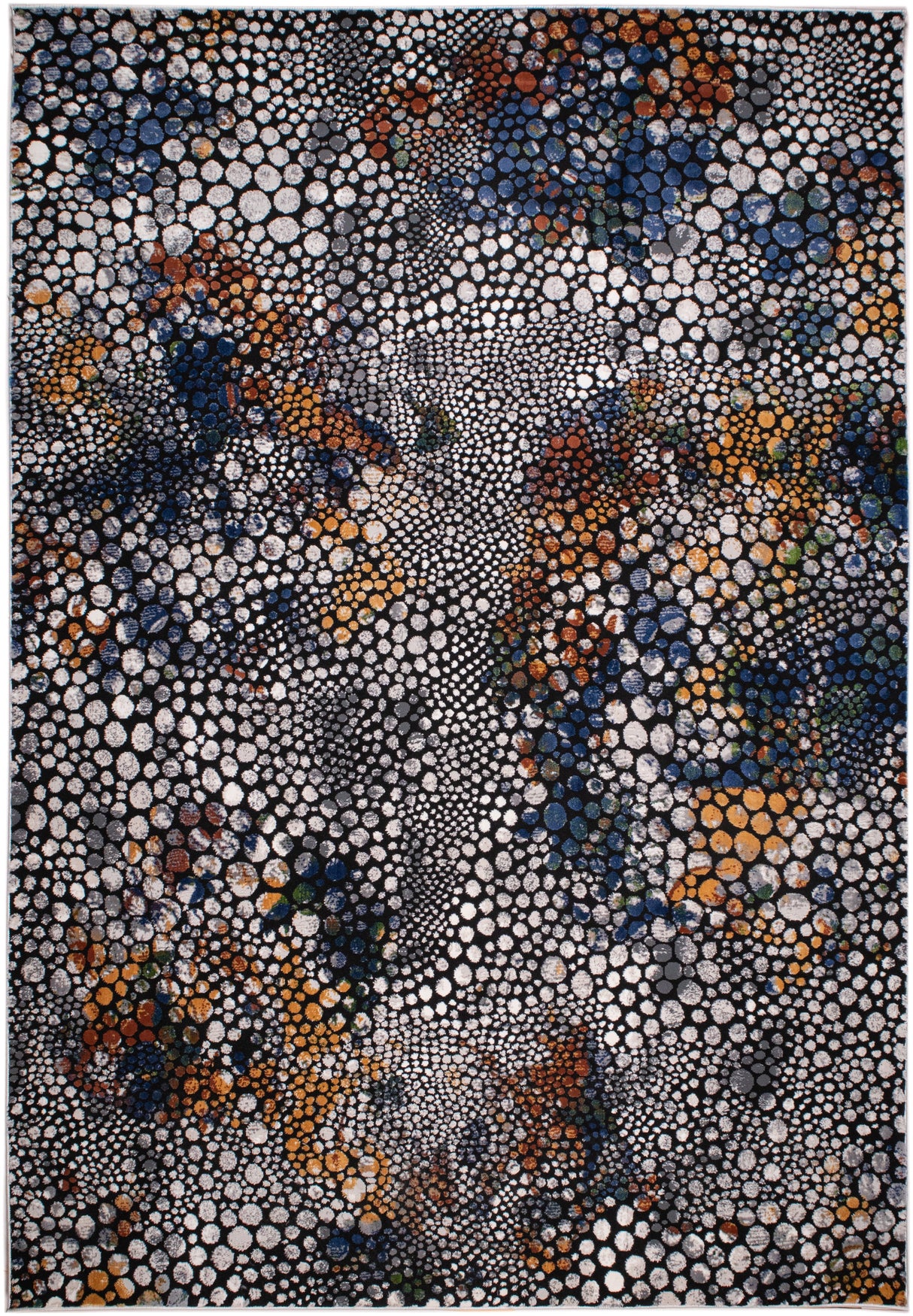 LALA-140 Polyester Shiny Viscose Area Rug Fabric - Abstract Spotted, Black With Silver, Charcoal, Red-Brown, Mustard, Green, And Deep Blue Highlights, 7' 8" X 10' 5" (1 Piece)