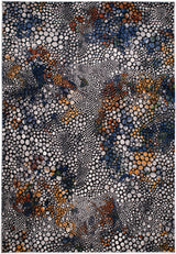 LALA-140 Polyester Shiny Viscose Area Rug Fabric - Abstract Spotted, Black With Silver, Charcoal, Red-Brown, Mustard, Green, And Deep Blue Highlights, 7' 8" X 10' 5" (1 Piece)