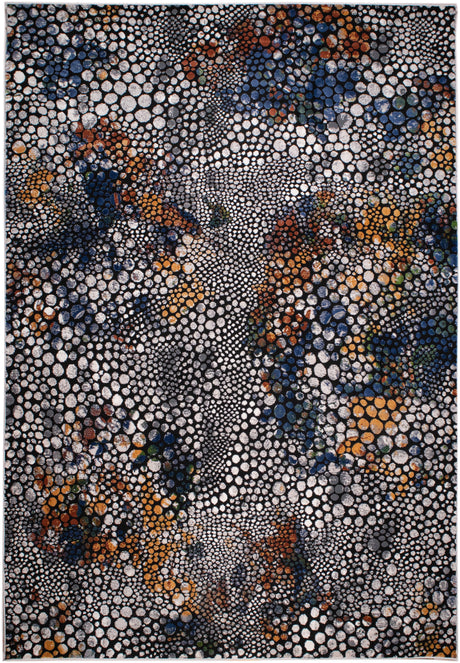 LALA-140 Polyester Shiny Viscose Area Rug Fabric - Abstract Spotted, Black With Silver, Charcoal, Red-Brown, Mustard, Green, And Deep Blue Highlights, 7' 8" X 10' 5" (1 Piece)