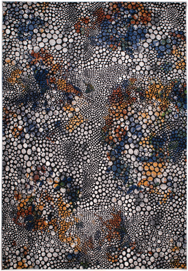 LALA-140 Polyester Shiny Viscose Area Rug Fabric - Abstract Spotted, Black With Silver, Charcoal, Red-Brown, Mustard, Green, And Deep Blue Highlights, 7' 8" X 10' 5" (1 Piece)