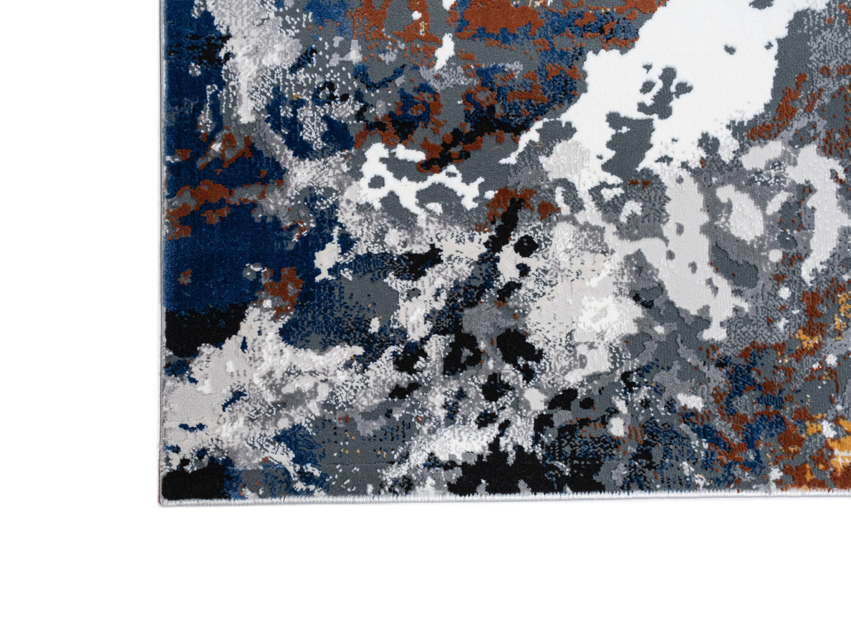 LALA-146 Polyester Viscose Area Rug - Grey Marble Abstract, Red-Brown, Tan, Cream & Ocean Blue Accents, Black, 9' 8" X 13' (1 Piece)